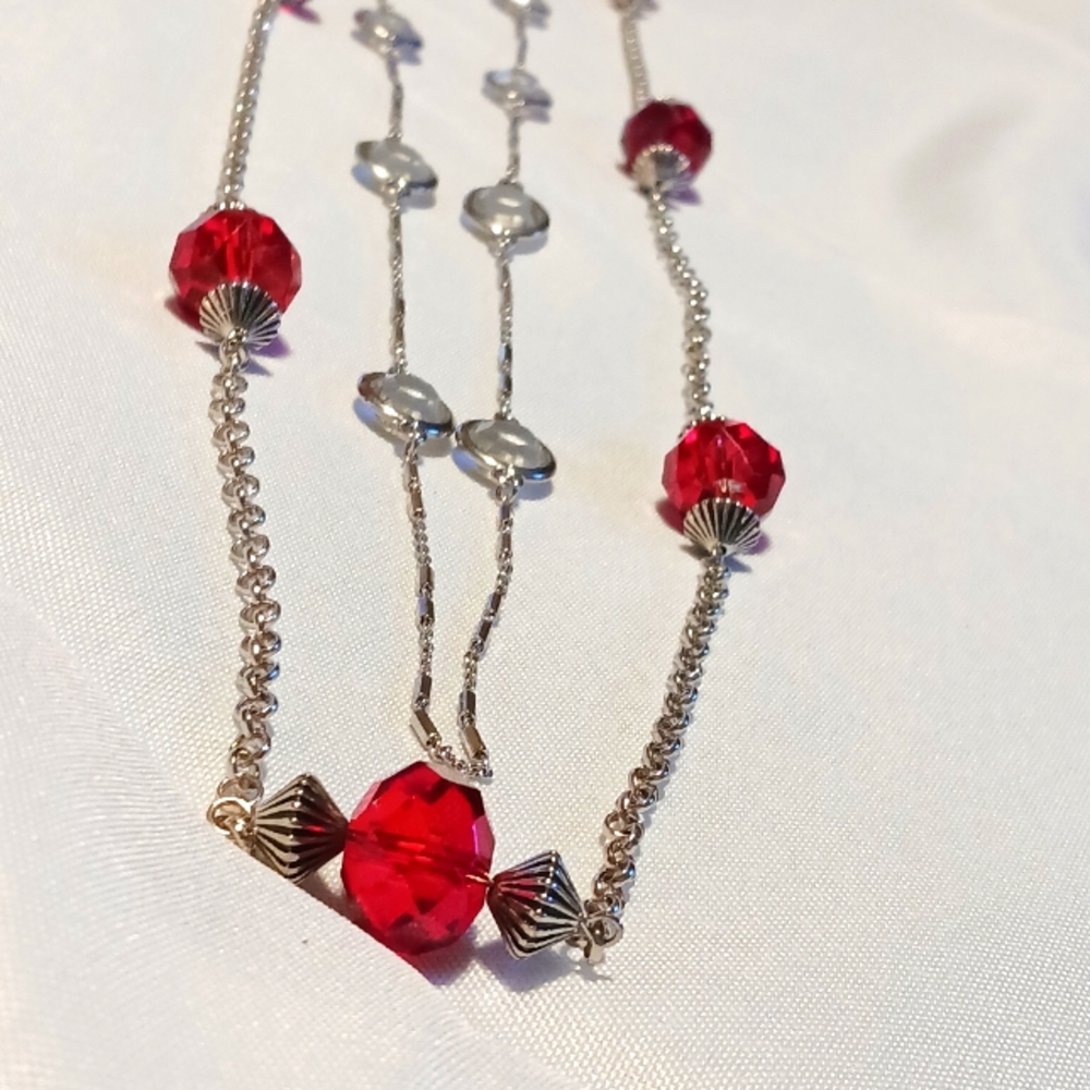 2 long Necklaces, Red Beads, Silver toned